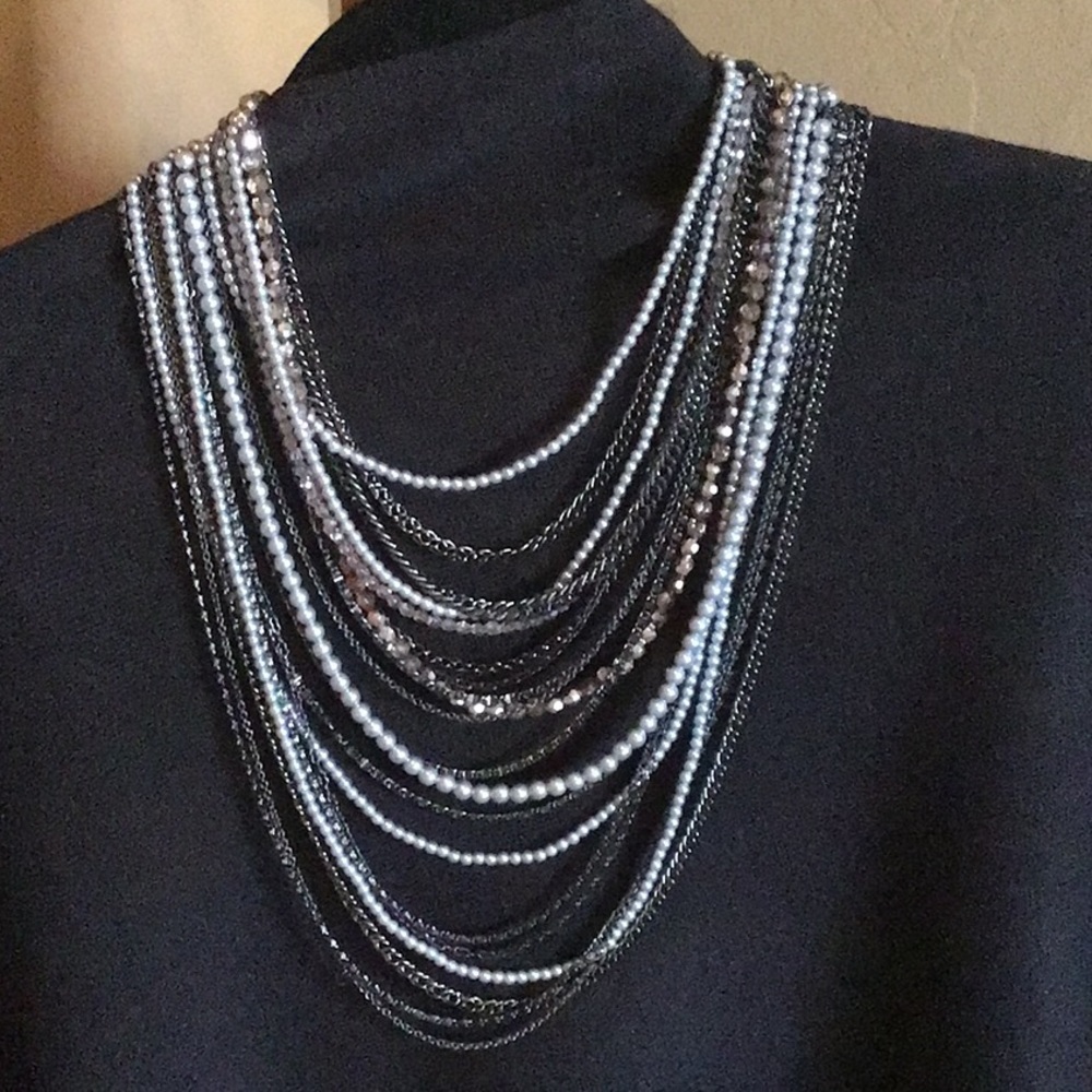 One of a kind Multilayer necklace. Pewter, nickel and silvery pearl shades